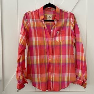 Hollister pink orange plaid button down shirt small